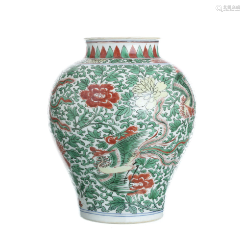 Wucai Phoenix pot in Chinese porcelain, Transitional
