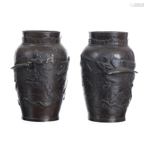 Pair of phoenix bronze vases from Japan