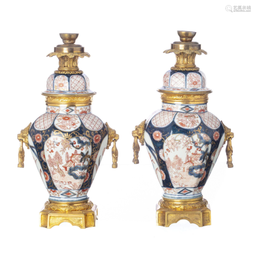 Pair of Imari porcelain amphorae with bronze mount