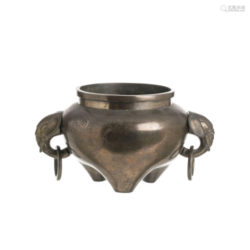 Chinese bronze and silver inlaid censer