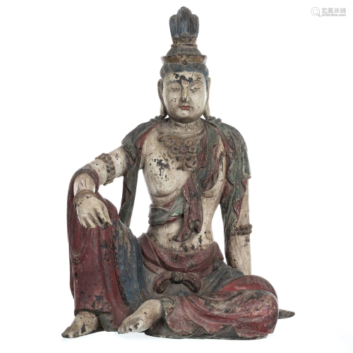Chinese carved wood seated Guanyin Bodhisattva