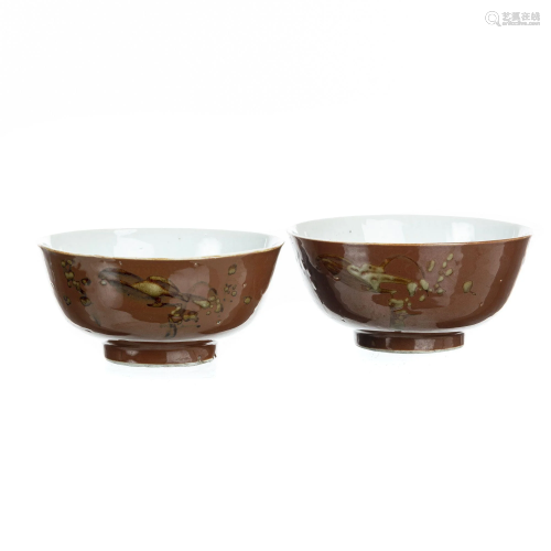 Pair of Chinese porcelain chocolate splashed bowls
