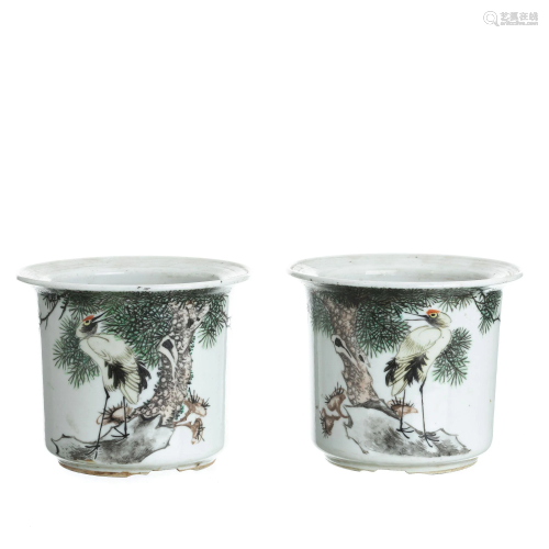 Pair of Chinese porcelain crane vases, Minguo