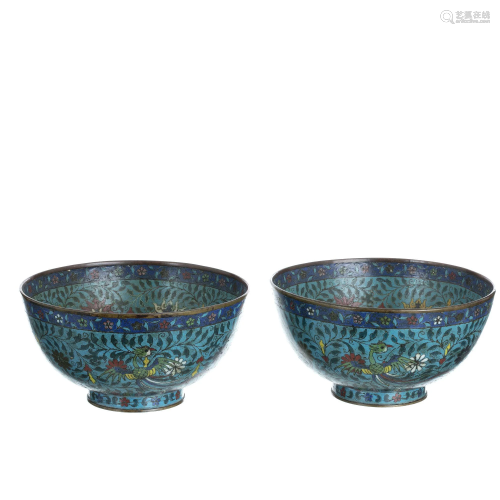 Pair of phoenix cloisonnÃ©e metal bowls