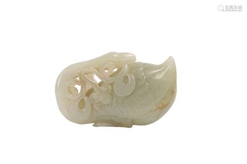 A CHINESE PALE CELADON JADE MODEL OF A GOOSE.