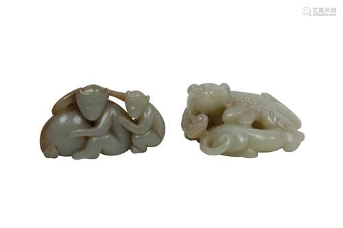 TWO CHINESE PALE CELADON JADE ANIMAL CARVINGS.