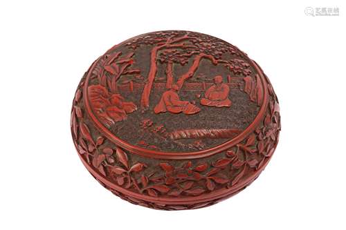 A CHINESE CINNABAR LACQUER CIRCULAR BOX AND COVER.