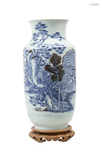 A LARGE CHINESE BLUE AND WHITE AND UNDERGLAZE RED 'LANDSCAPE...