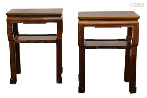 A PAIR OF CHINESE WOOD STOOLS TOGETHER WITH A LOW TABLE.