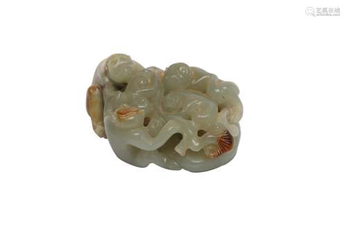 A CHINESE PALE CELADON JADE 'THREE MONKEYS AND LINGZHI' CARV...