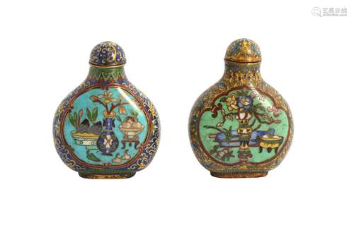 TWO CHINESE CLOISONNE SNUFF BOTTLES.