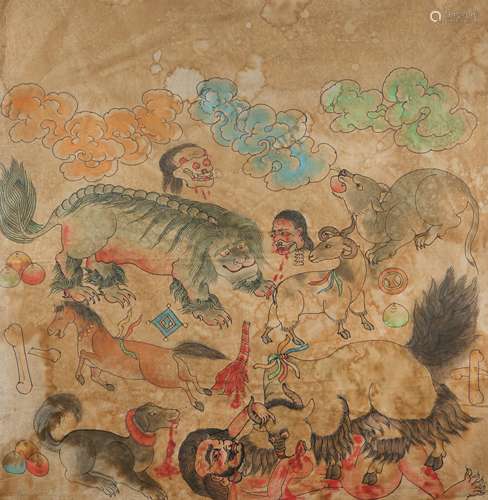 A TIBETAN TEMPLE HANGING DEPICTING HELL.