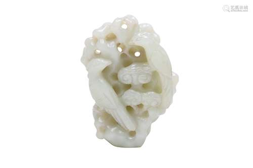 A CHINESE PALE CELADON JADE 'BIRDS AND LINGZHI' CARVING.