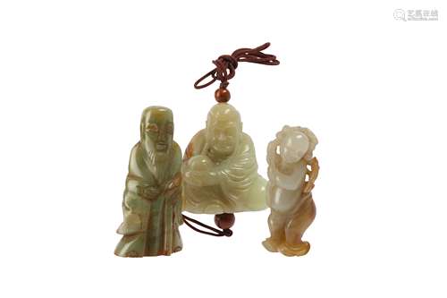 THREE CHINESE CELADON JADE FIGURES.