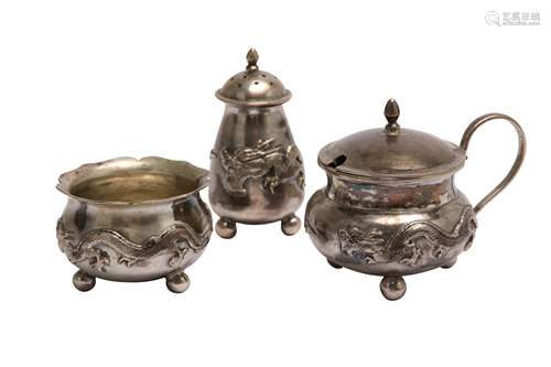 A CHINESE SILVER CONDIMENT SET.