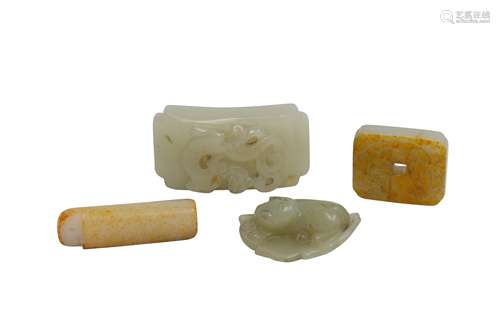 THREE CHINESE PALE CELADON JADE PENDANTS AND A 'CAT' CARVING...