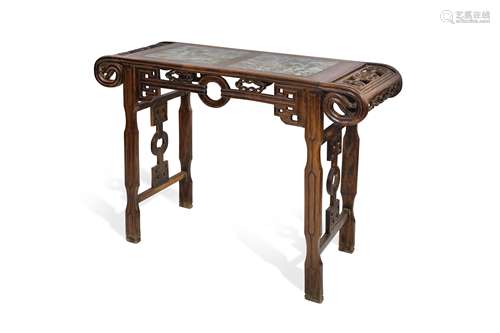 A HARDWOOD MARBLE-INLAID ALTAR TABLE.