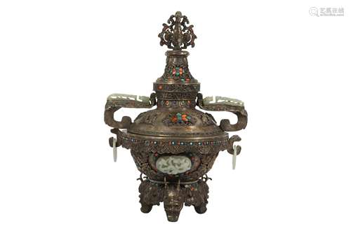 A CHINESE JADE AND HARSTONE INSET WHITE METAL INCENSE BURNER...