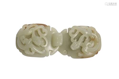 A CHINESE PALE CELADON JADE 'CHILONG' BELT HOOK.