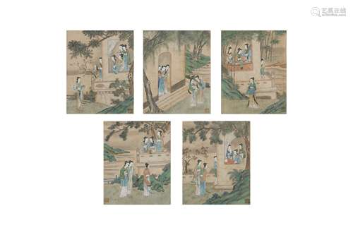 A SET OF FIVE CHINESE PAINTINGS OF LADIES.