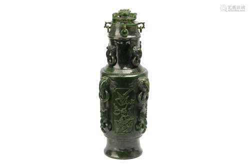 A MASSIVE CHINESE SPINACH-GREEN JADE VASE AND COVER.