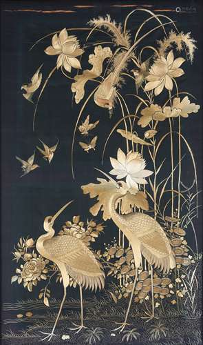 A CHINESE EMBROIDERED SILK 'BIRDS ON LOTUS POND' PANEL.