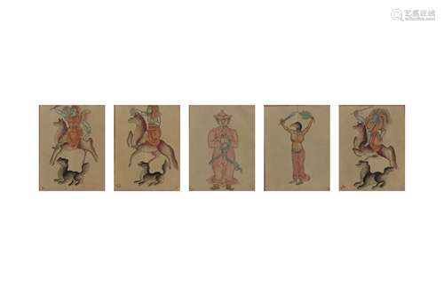 A SET OF FIVE TIBETAN VOTIVE PAINTINGS ON PAPER.