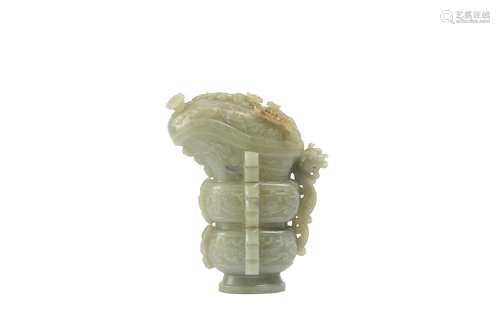 A CHINESE PALE CELADON JADE ARCHAISTIC VESSEL AND COVER, GON...