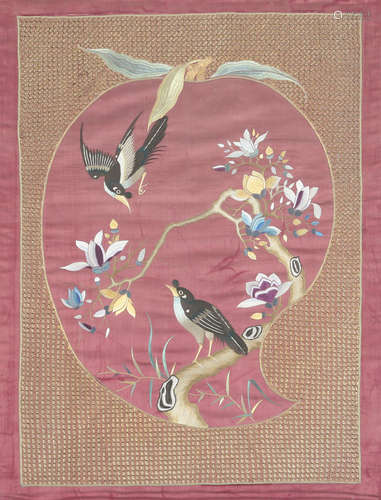 A CHINESE EMBROIDERED SILK MAROON-GROUND 'PEACH AND MAGPIES'...