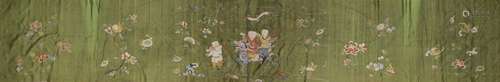 A CHINESE GREEN-GROUND EMBROIDERED SILK 'BOYS' PANEL.