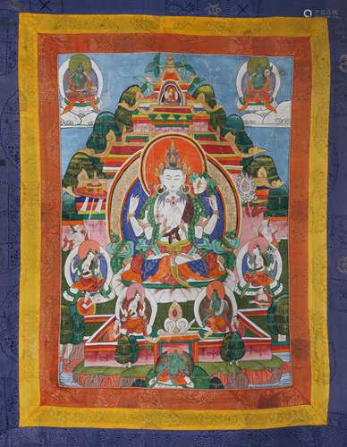 A MONGOLIAN THANGKA OF SADAKSARI AVALOKITESHVARA.