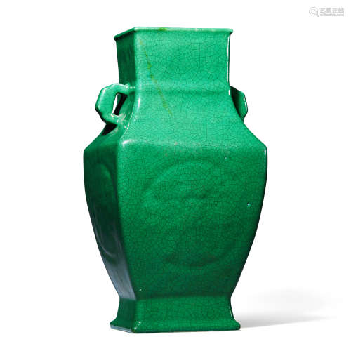 清晚期 哥绿釉模印四方双耳瓶