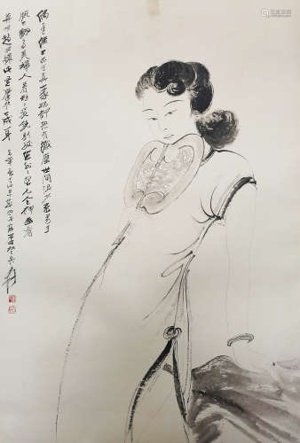 张大千 (1899-1983) 执扇仕女 水墨纸本 镜芯