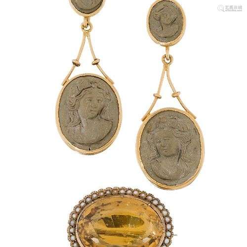 A pair of 19th century gold mounted lava cameo earrings and ...