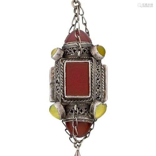 An Arts & Crafts silver and hardstone pendant necklace, the ...