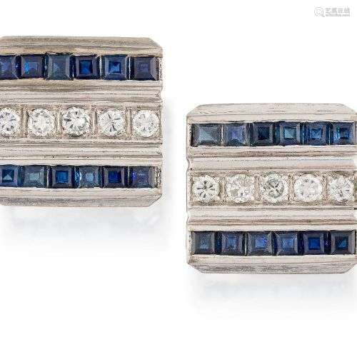 A pair of diamond and sapphire cufflinks, the rectangular pa...
