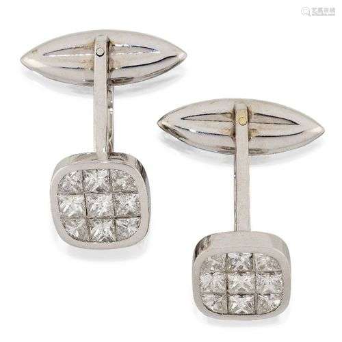A pair of diamond cufflinks, of rounded square panel design ...