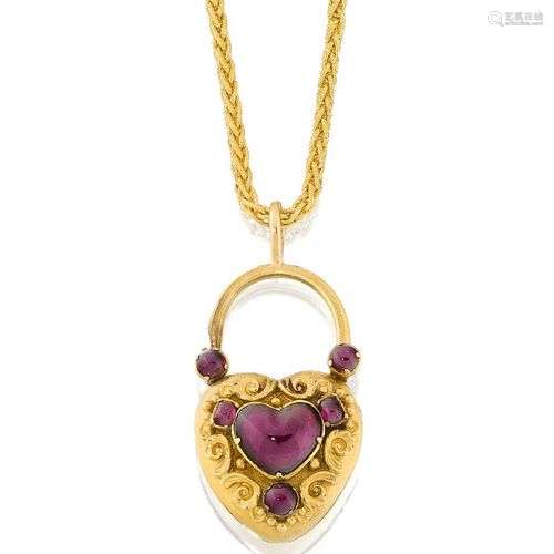 A Victorian gold, garnet heart-shaped locket pendant, and ne...
