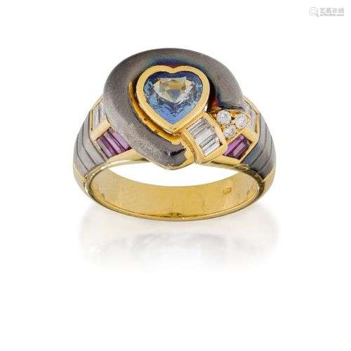 A sapphire, ruby and diamond ring, the central heart shaped ...
