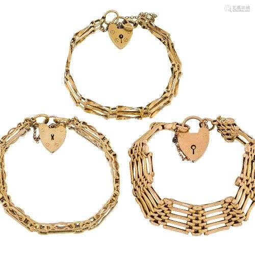 Three gate link bracelets, of varying design, one with defic...