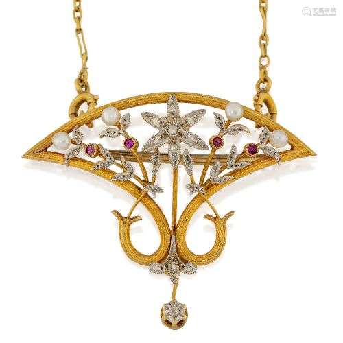 An Art Nouveau French made gold brooch/pendant, of openwork ...