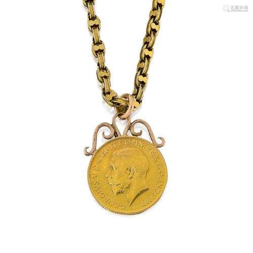 Un collier en or George V avec pendentif souverain, 1914, la...