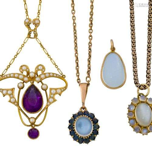 An Art Nouveau gold, amethyst and half-pearl necklace and th...