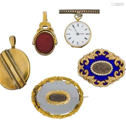 A small group of 19th century jewellery and a fob watch, com...
