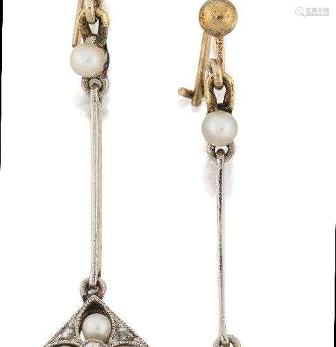 A pair of Edwardian diamond and seed pearl drop earrings, th...