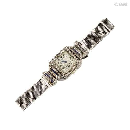 A lady's Art Deco platinum, diamond and synthetic sapphire c...
