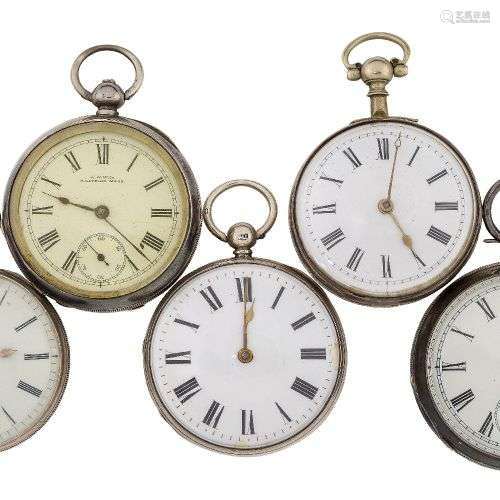 Five 19th century silver key-wind pocket watches, comprising...