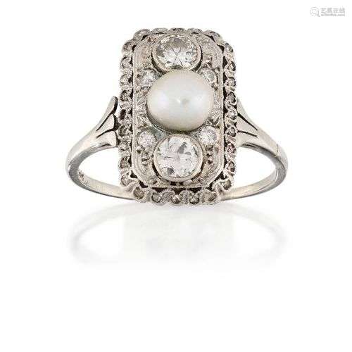 A natural pearl and diamond ring, the central pearl between ...