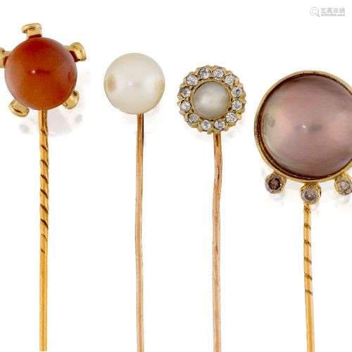 Four stick pins, comprising: an untested pearl and old-cut d...