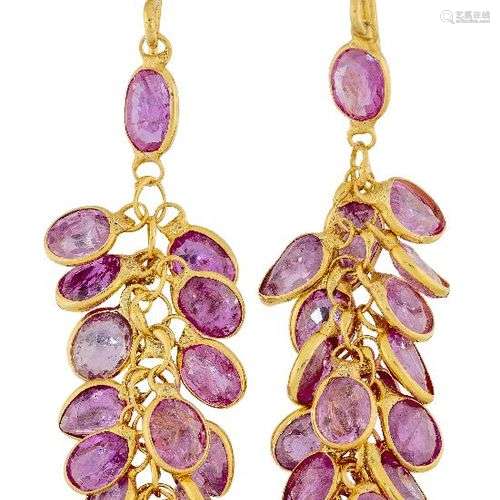 A pair of pink sapphire drop earrings, composed of multiple ...